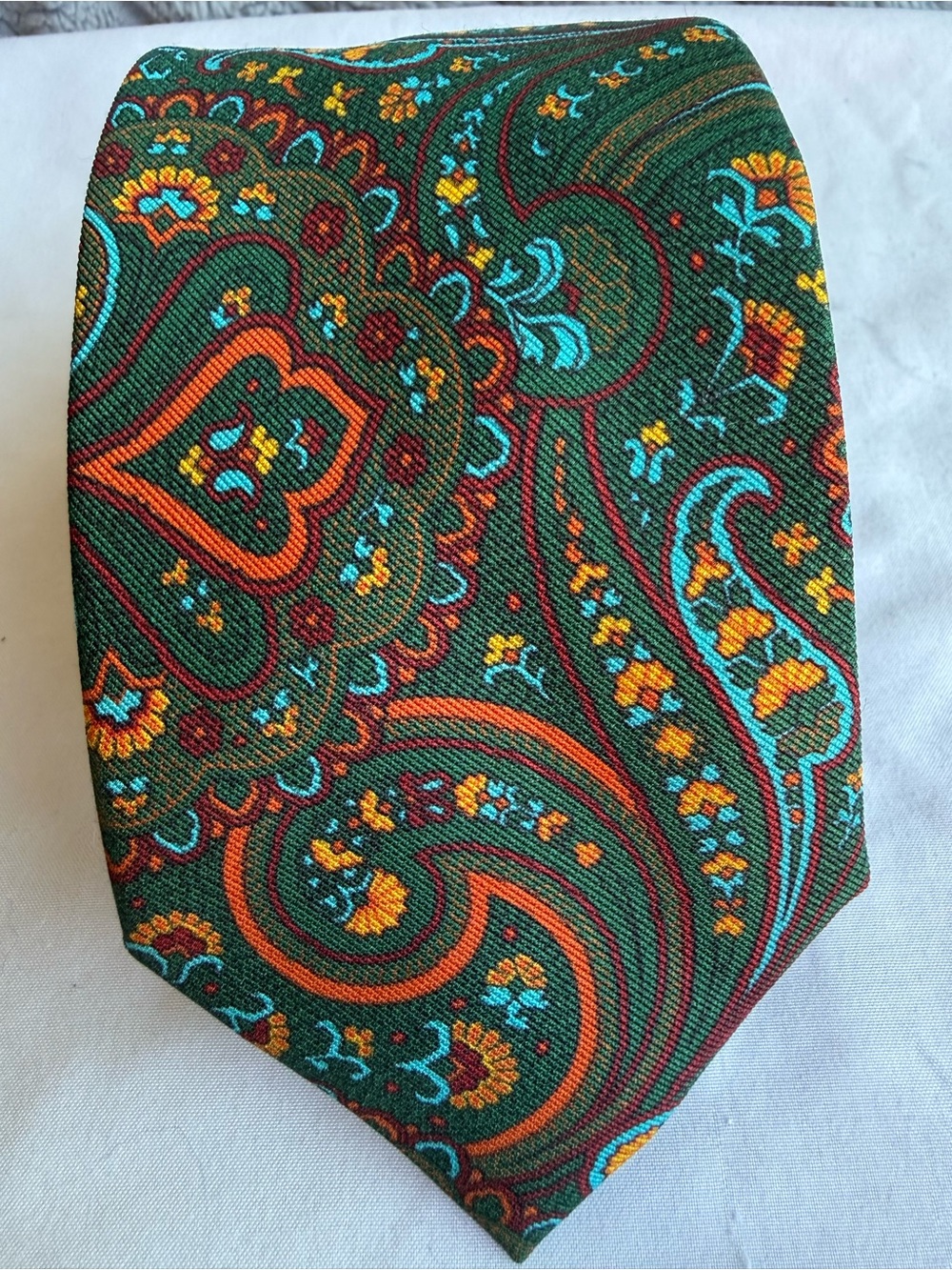 Paul Fredrick Paisley Men's Tie Silk Wool Blend Green Orange Yellow Blue 3.5”